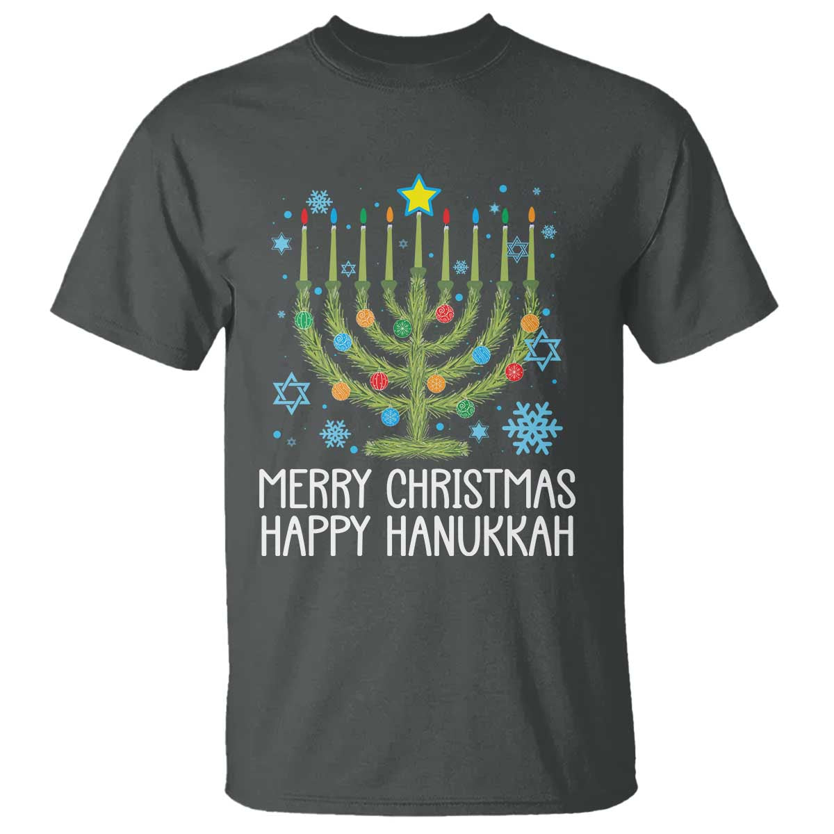 Funny Chrismukkah T Shirt Merry Christmas Happy Hanukkah Christmas Tree Jewish Menorah TS11 Dark Heather Print Your Wear