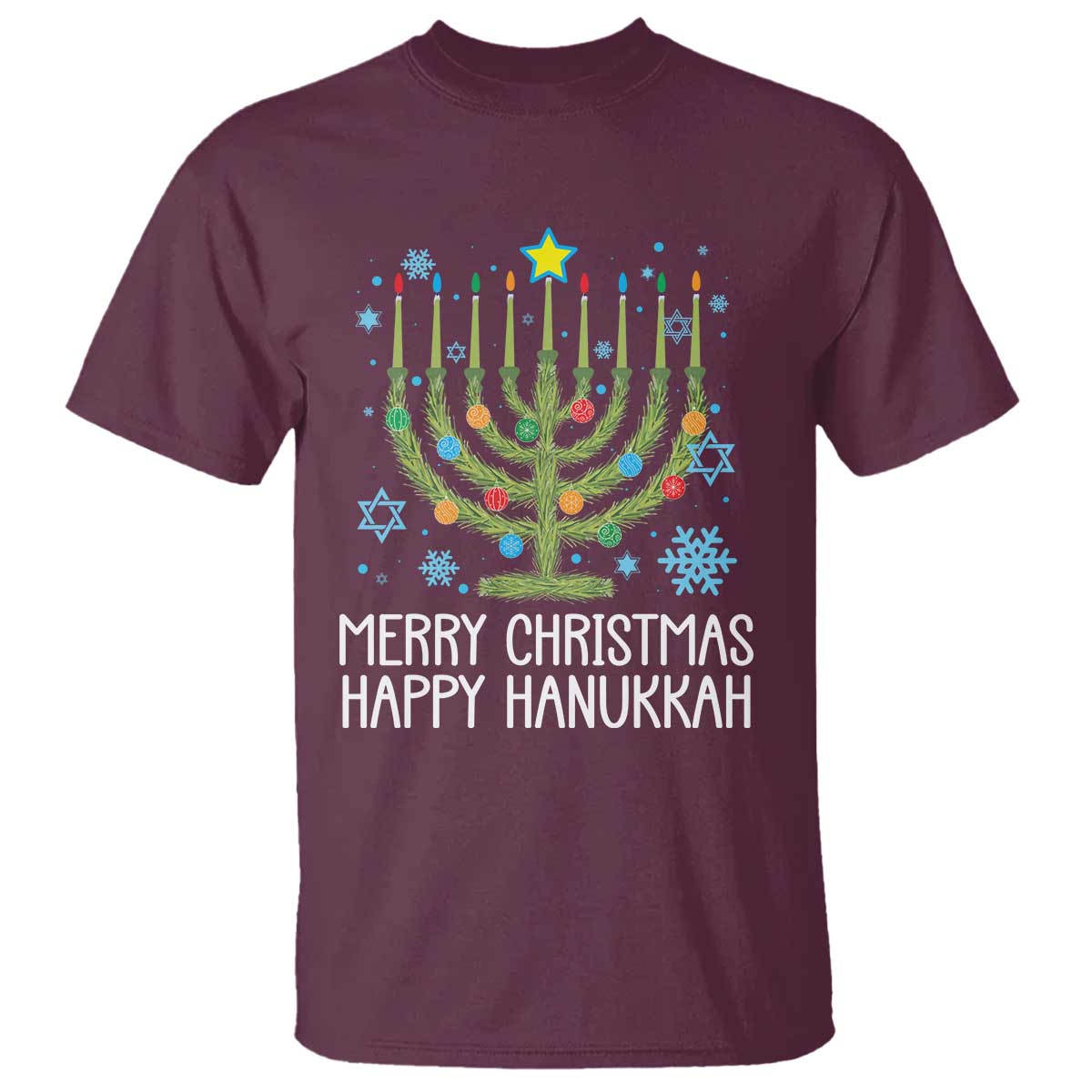 Funny Chrismukkah T Shirt Merry Christmas Happy Hanukkah Christmas Tree Jewish Menorah TS11 Maroon Print Your Wear