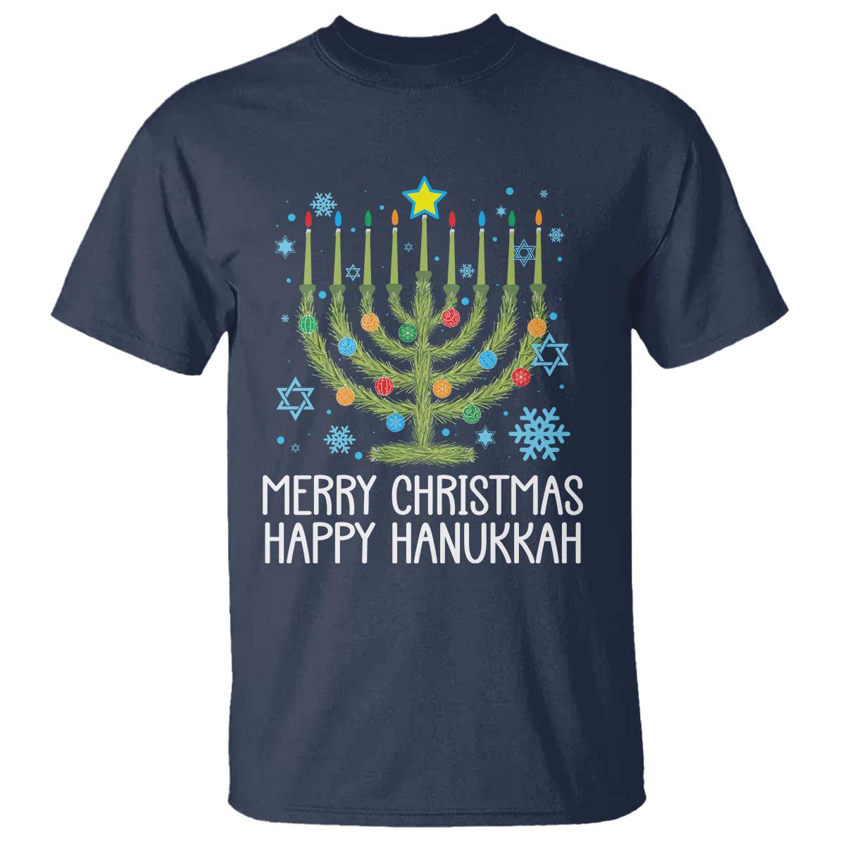 Funny Chrismukkah T Shirt Merry Christmas Happy Hanukkah Christmas Tree Jewish Menorah TS11 Navy Print Your Wear
