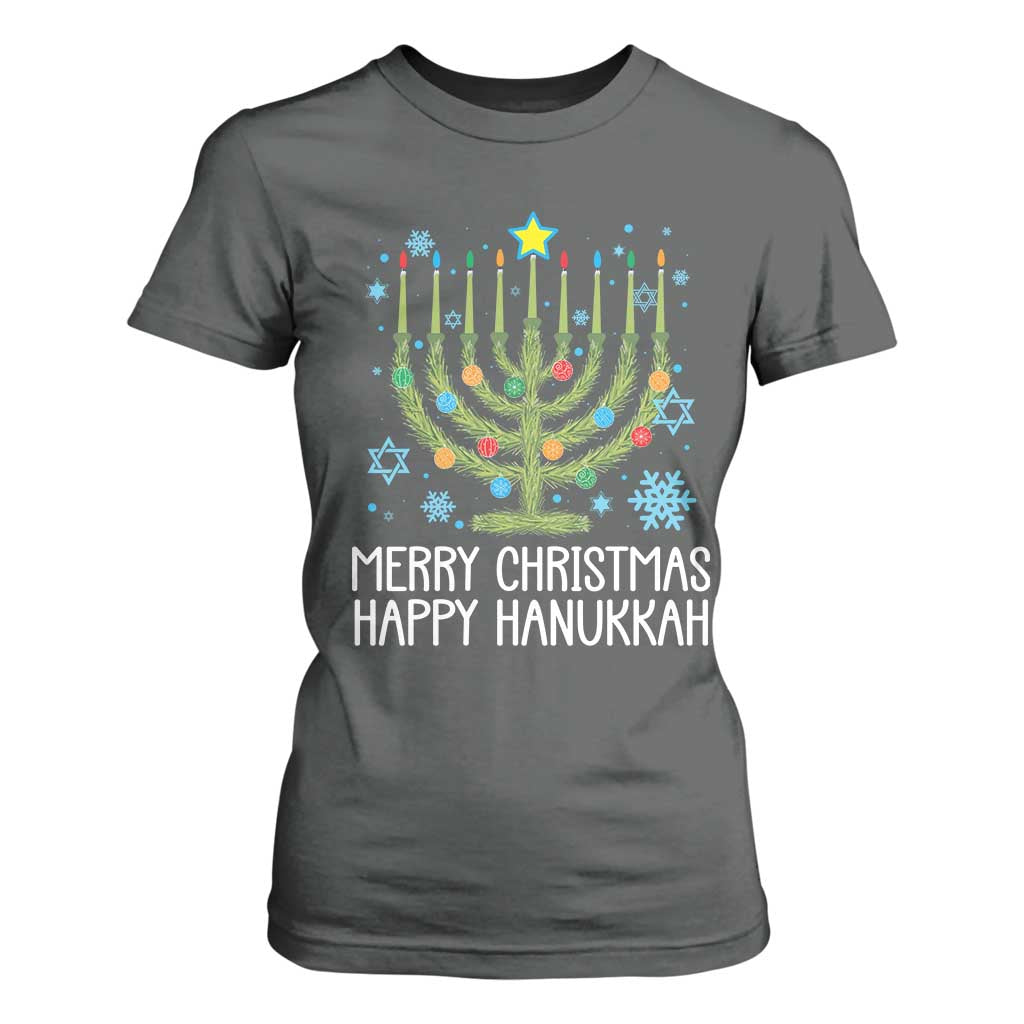 Funny Chrismukkah T Shirt For Women Merry Christmas Happy Hanukkah Christmas Tree Jewish Menorah TS11 Dark Heather Print Your Wear
