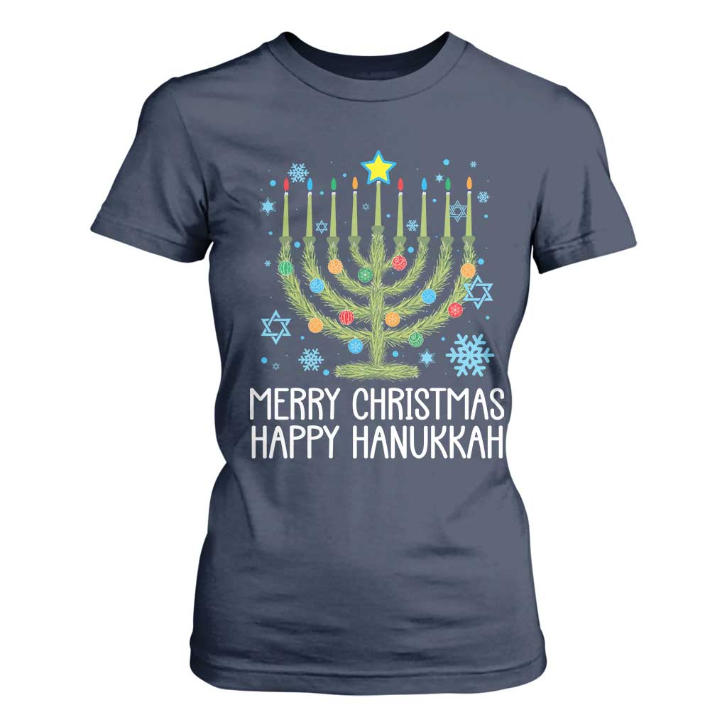 Funny Chrismukkah T Shirt For Women Merry Christmas Happy Hanukkah Christmas Tree Jewish Menorah TS11 Navy Print Your Wear