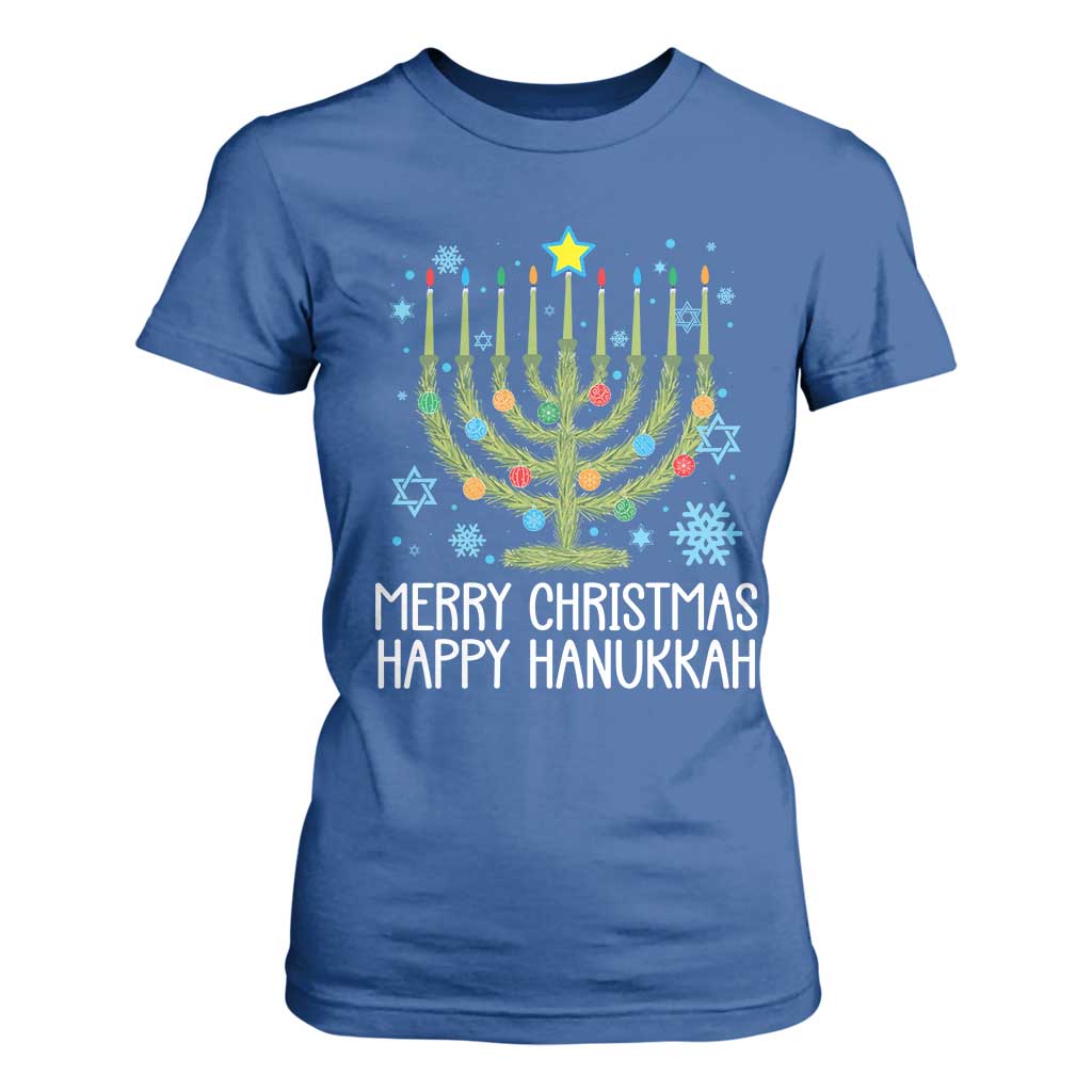 Funny Chrismukkah T Shirt For Women Merry Christmas Happy Hanukkah Christmas Tree Jewish Menorah TS11 Royal Blue Print Your Wear