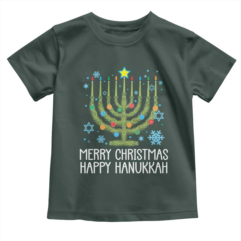Funny Chrismukkah Toddler T Shirt Merry Christmas Happy Hanukkah Christmas Tree Jewish Menorah TS11 Dark Forest Green Print Your Wear