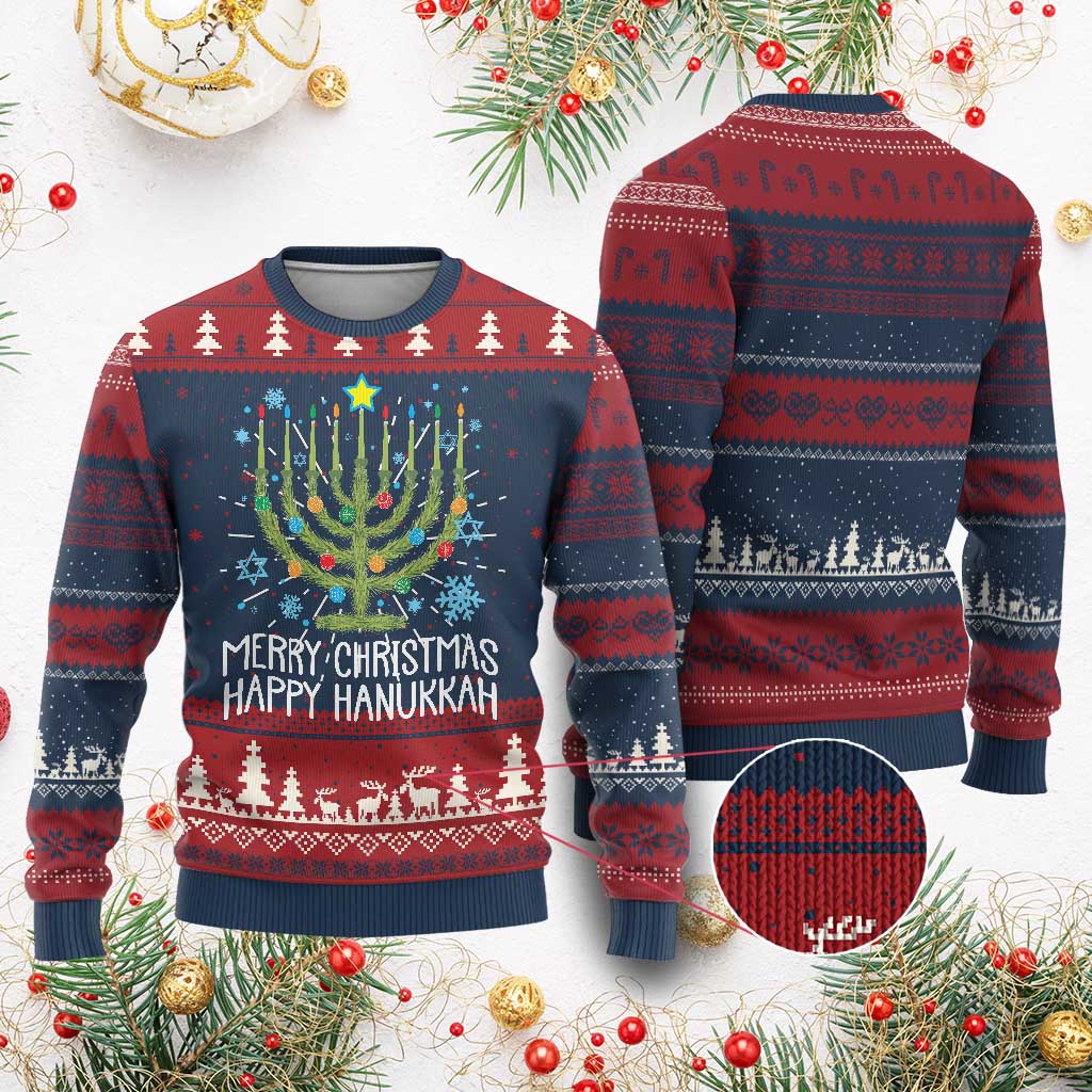 Funny Chrismukkah Ugly Christmas Sweater Merry Christmas Happy Hanukkah Christmas Tree Jewish Menorah TS11 Burgundy Print Your Wear