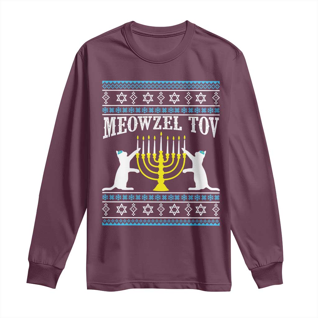 Meowzel Tov Long Sleeve Shirt Funny Hanukkah Cat Jewish Chanukah Menorah TS11 Maroon Print Your Wear