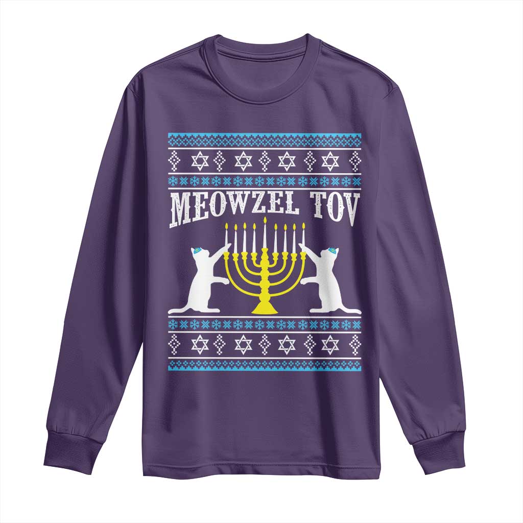 Meowzel Tov Long Sleeve Shirt Funny Hanukkah Cat Jewish Chanukah Menorah TS11 Purple Print Your Wear