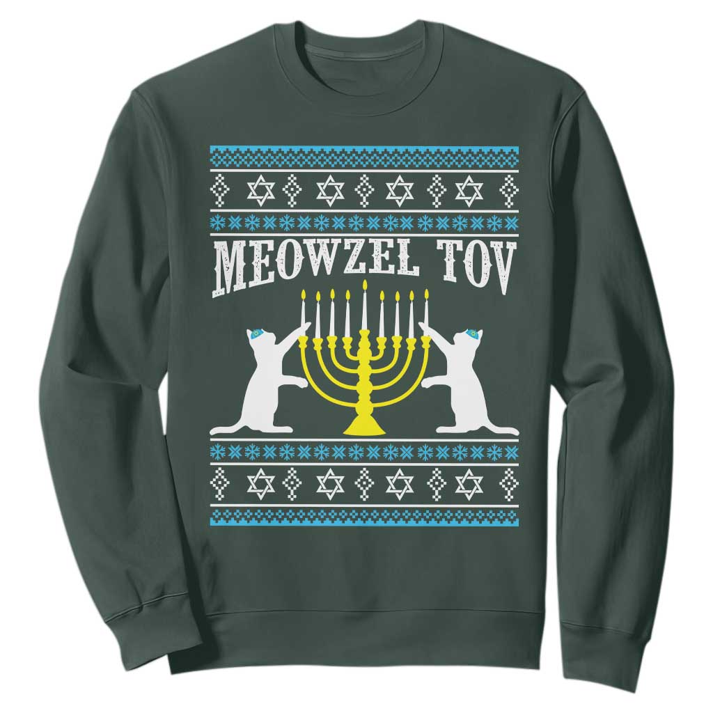Meowzel Tov Sweatshirt Funny Hanukkah Cat Jewish Chanukah Menorah TS11 Dark Forest Green Print Your Wear