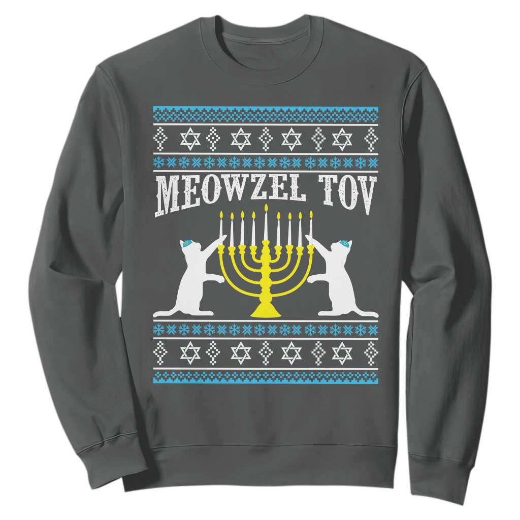 Meowzel Tov Sweatshirt Funny Hanukkah Cat Jewish Chanukah Menorah TS11 Dark Heather Print Your Wear
