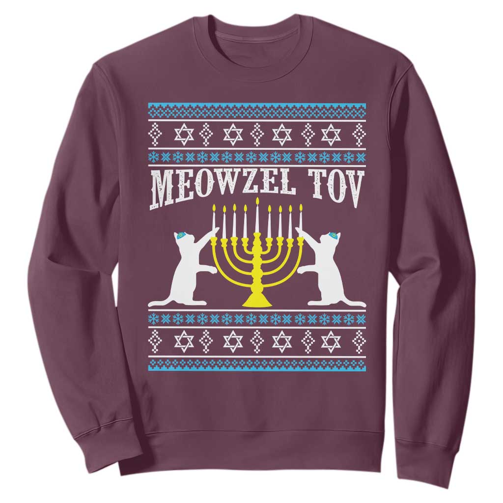 Meowzel Tov Sweatshirt Funny Hanukkah Cat Jewish Chanukah Menorah TS11 Maroon Print Your Wear