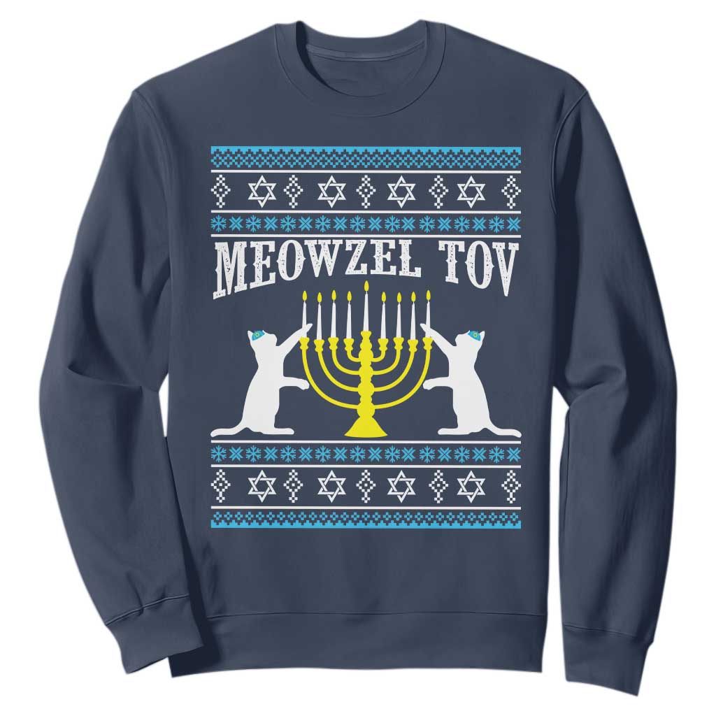 Meowzel Tov Sweatshirt Funny Hanukkah Cat Jewish Chanukah Menorah TS11 Navy Print Your Wear