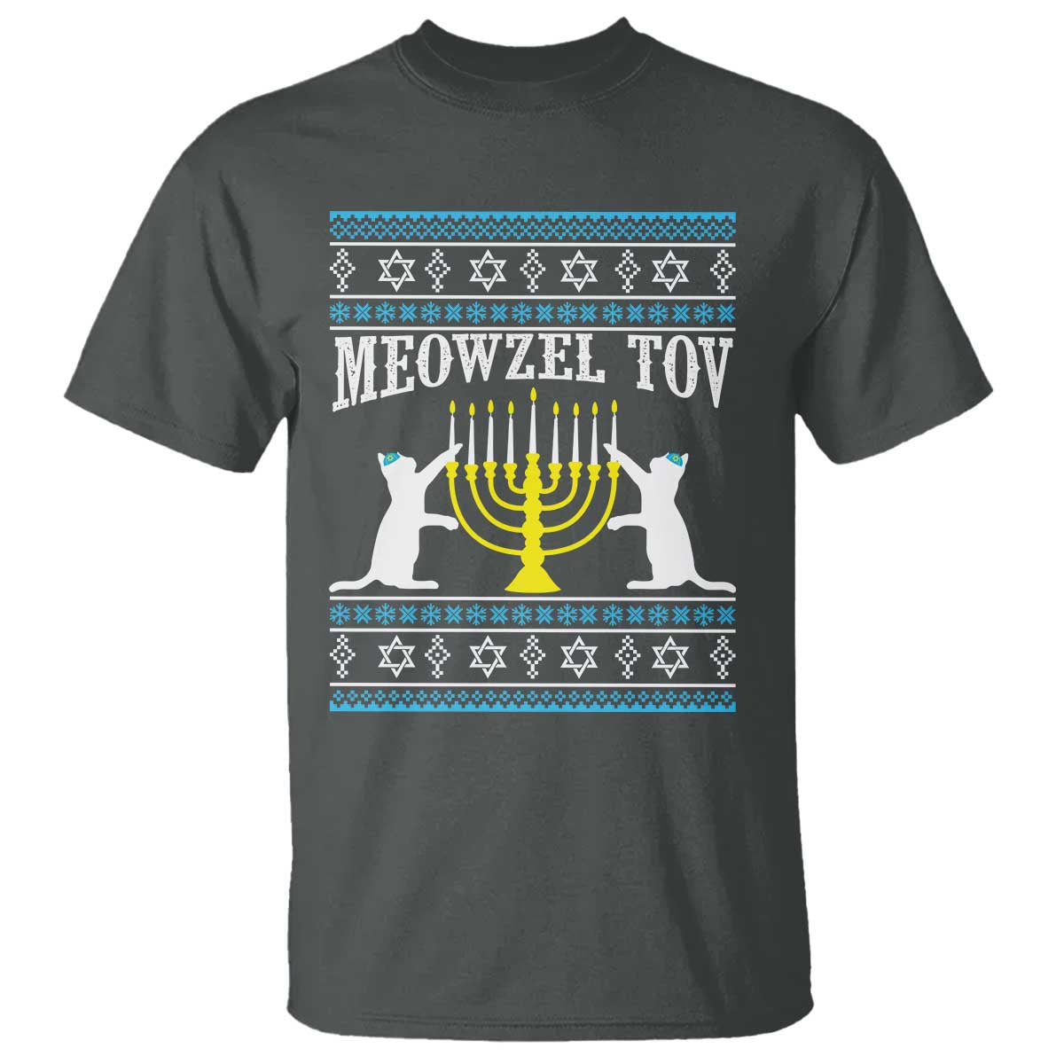 Meowzel Tov T Shirt Funny Hanukkah Cat Jewish Chanukah Menorah TS11 Dark Heather Print Your Wear
