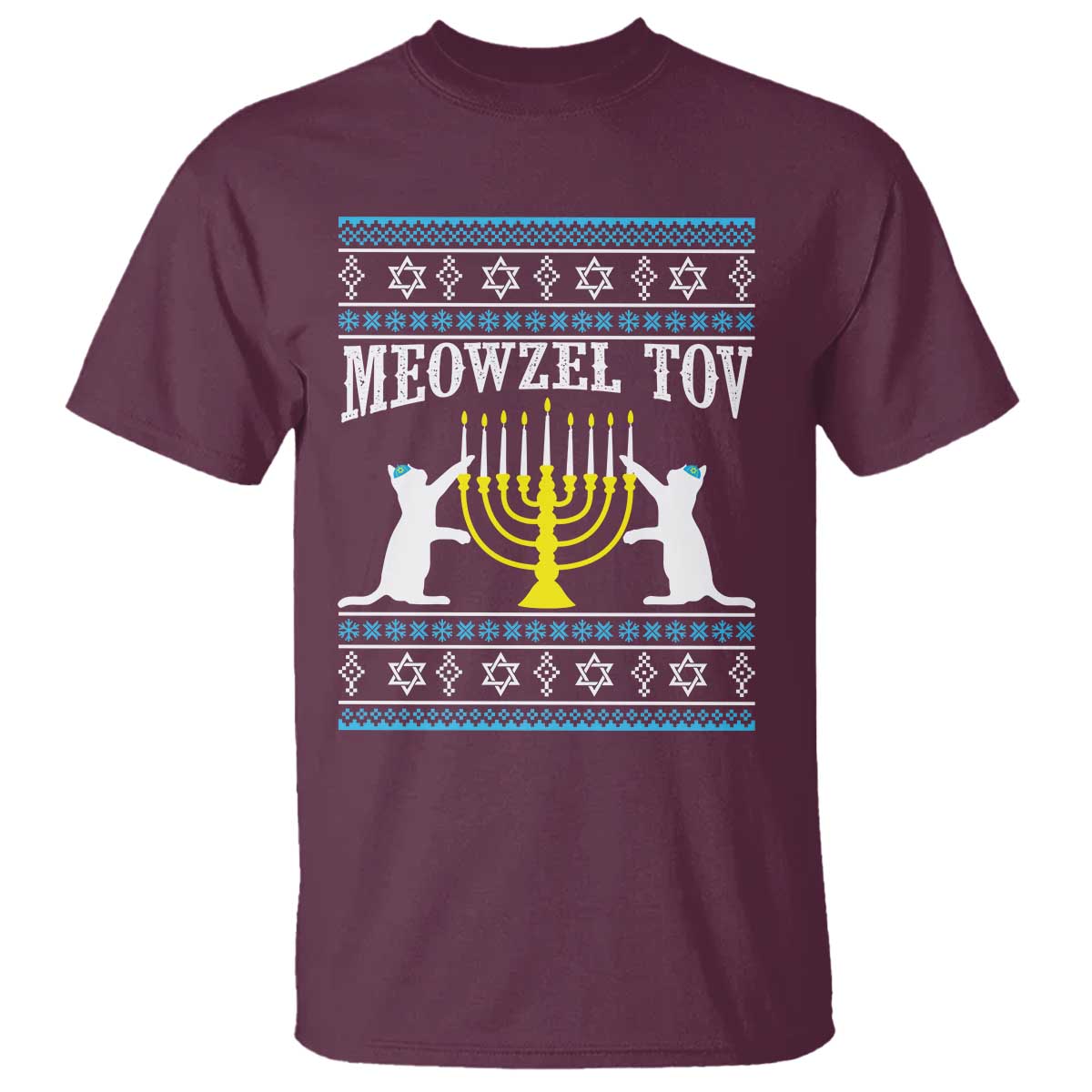 Meowzel Tov T Shirt Funny Hanukkah Cat Jewish Chanukah Menorah TS11 Maroon Print Your Wear