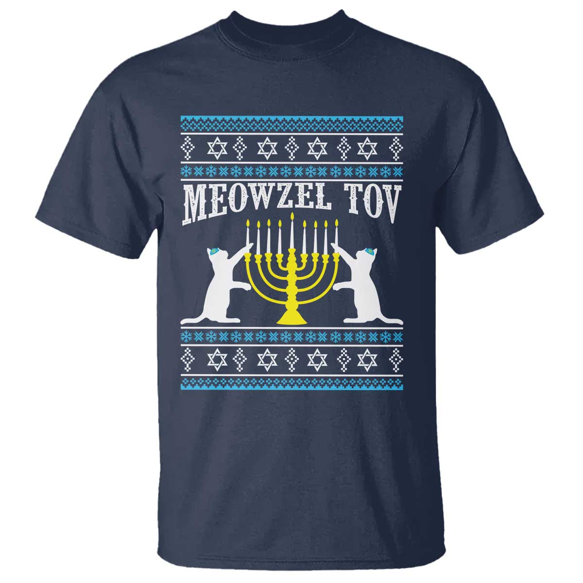 Meowzel Tov T Shirt Funny Hanukkah Cat Jewish Chanukah Menorah TS11 Navy Print Your Wear