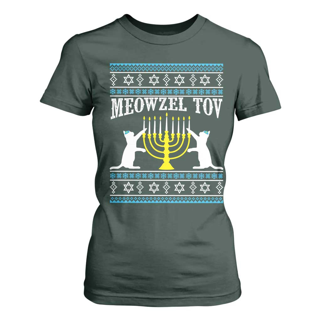 Meowzel Tov T Shirt For Women Funny Hanukkah Cat Jewish Chanukah Menorah TS11 Dark Forest Green Print Your Wear