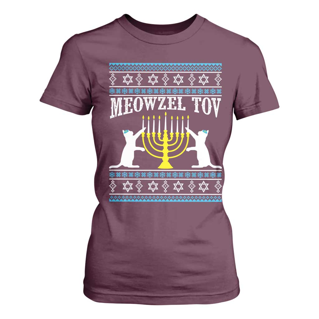 Meowzel Tov T Shirt For Women Funny Hanukkah Cat Jewish Chanukah Menorah TS11 Maroon Print Your Wear