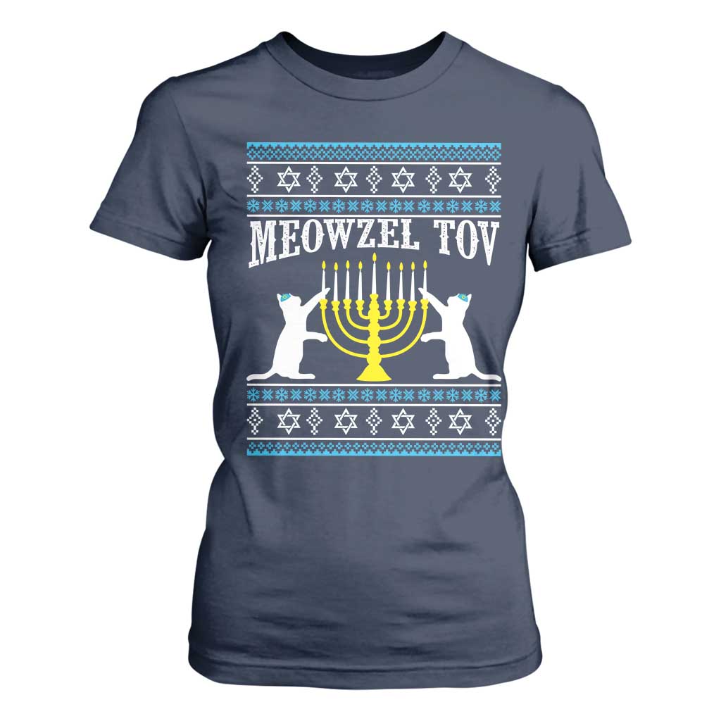 Meowzel Tov T Shirt For Women Funny Hanukkah Cat Jewish Chanukah Menorah TS11 Navy Print Your Wear