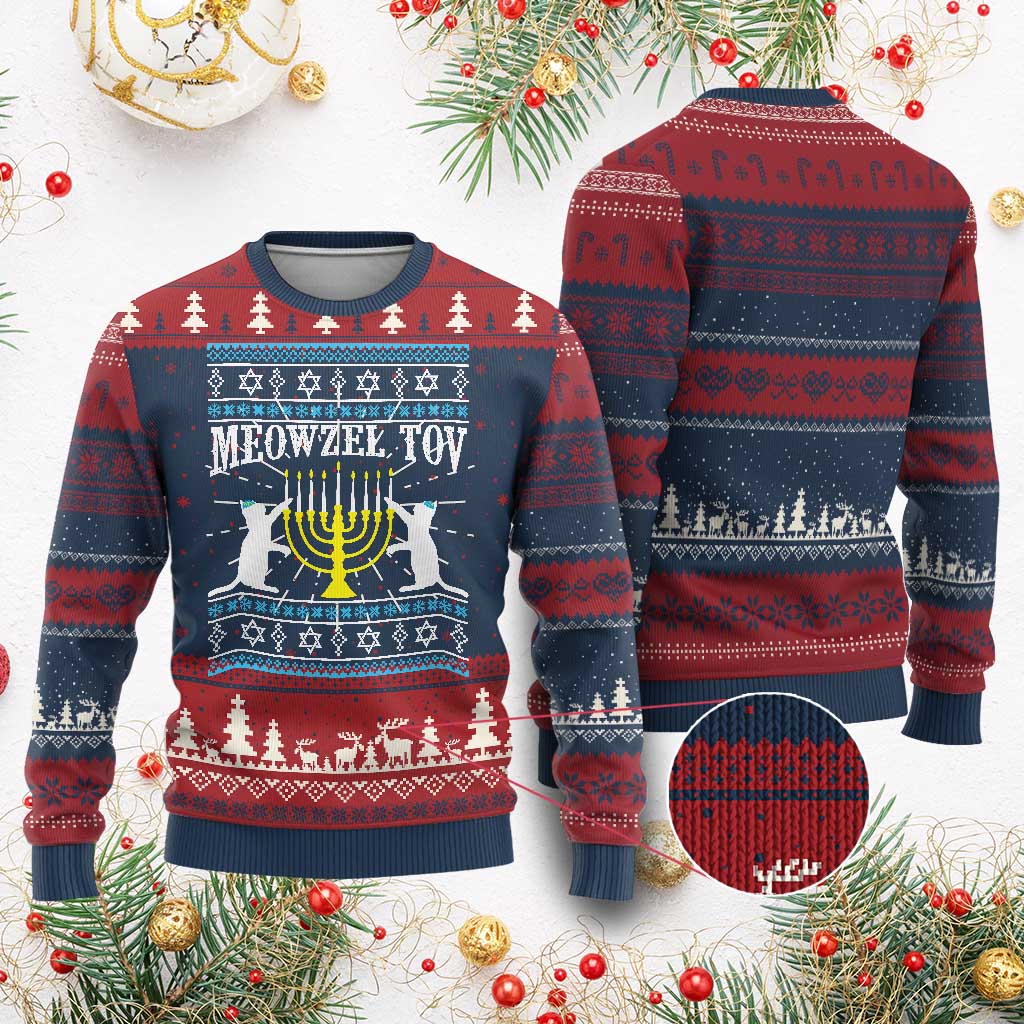Meowzel Tov Ugly Christmas Sweater Funny Hanukkah Cat Jewish Chanukah Menorah TS11 Burgundy Print Your Wear