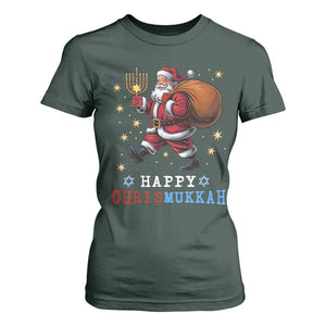 Funny Christmas Hanukkah T Shirt For Women Happy Chrismukkah Santa Menorah TS11 Dark Forest Green Print Your Wear