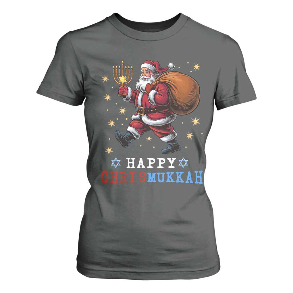 Funny Christmas Hanukkah T Shirt For Women Happy Chrismukkah Santa Menorah TS11 Dark Heather Print Your Wear
