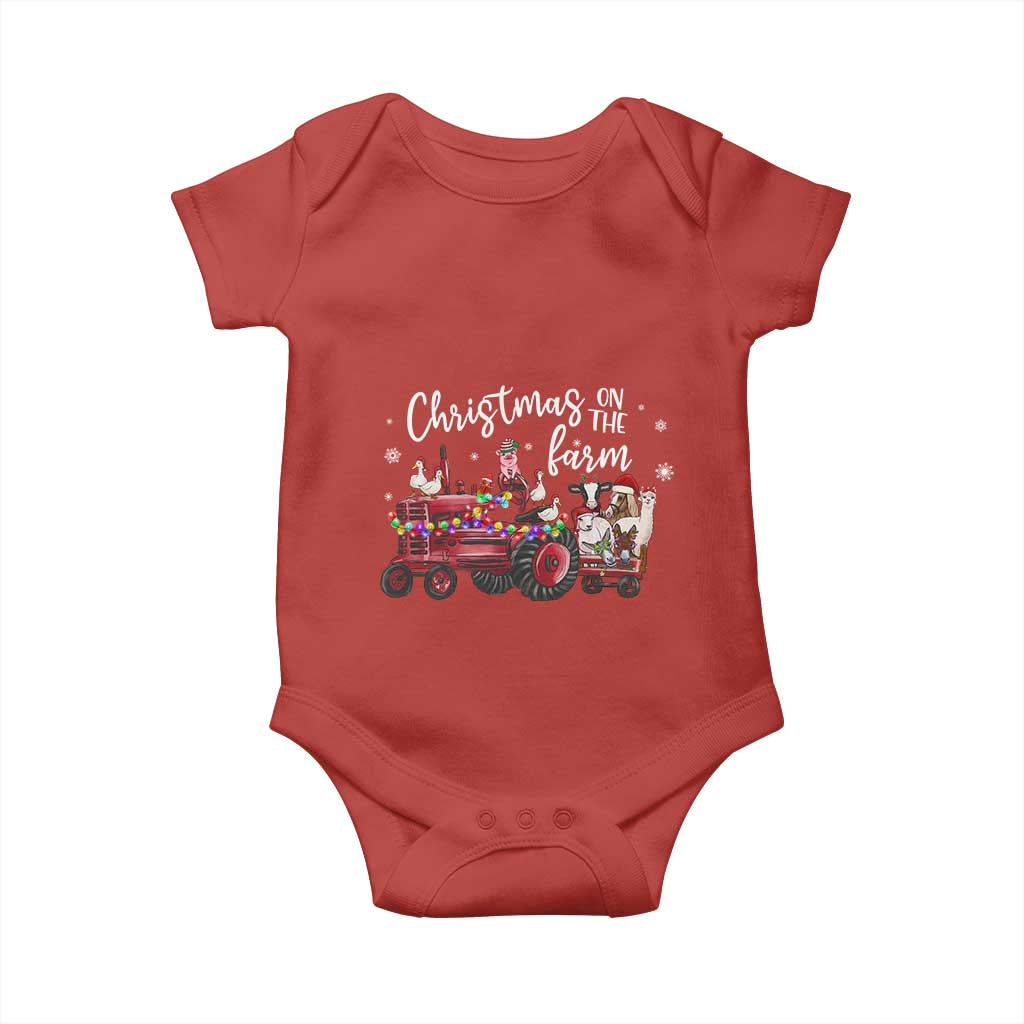 Funny Christmas On The Farm Baby Onesie Vintage Red Tractor Livestock TS11 Red Print Your Wear
