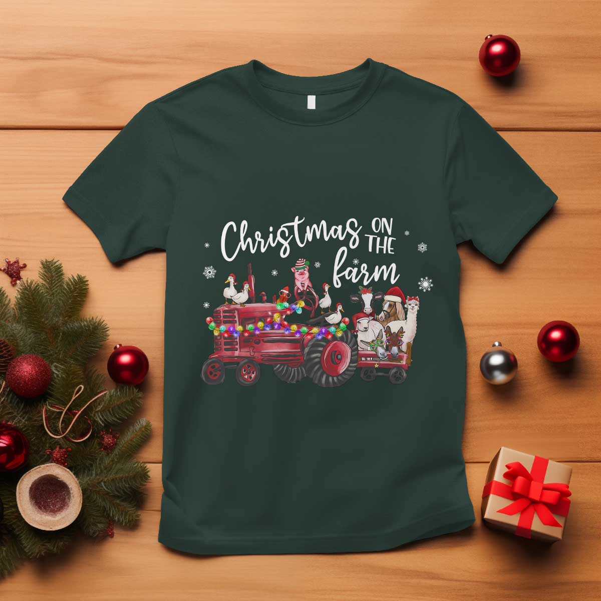 Funny Christmas On The Farm T Shirt Vintage Red Tractor Livestock TS11 Dark Forest Green Print Your Wear