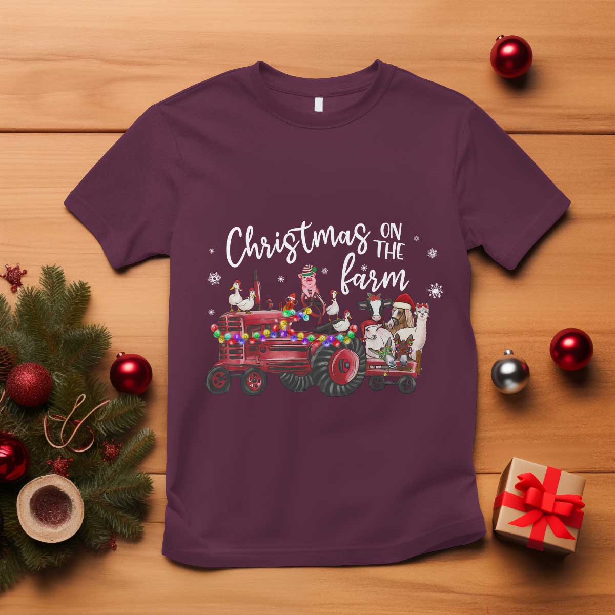 Funny Christmas On The Farm T Shirt Vintage Red Tractor Livestock TS11 Maroon Print Your Wear