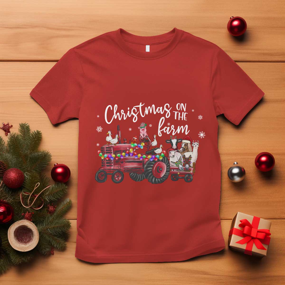 Funny Christmas On The Farm T Shirt Vintage Red Tractor Livestock TS11 Red Print Your Wear