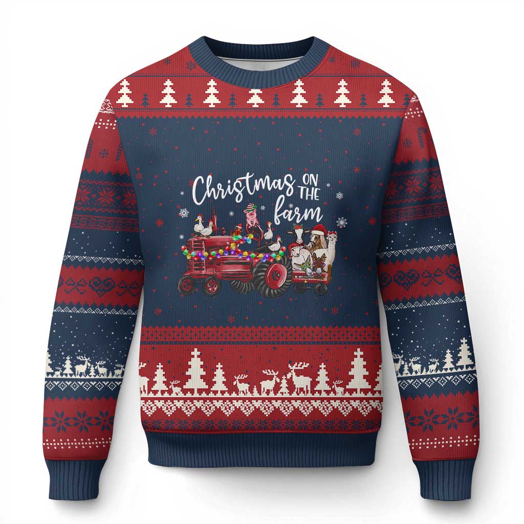 Funny Xmas On The Farm Ugly Christmas Sweater Vintage Red Tractor Livestock TS11 Navy Red Print Your Wear