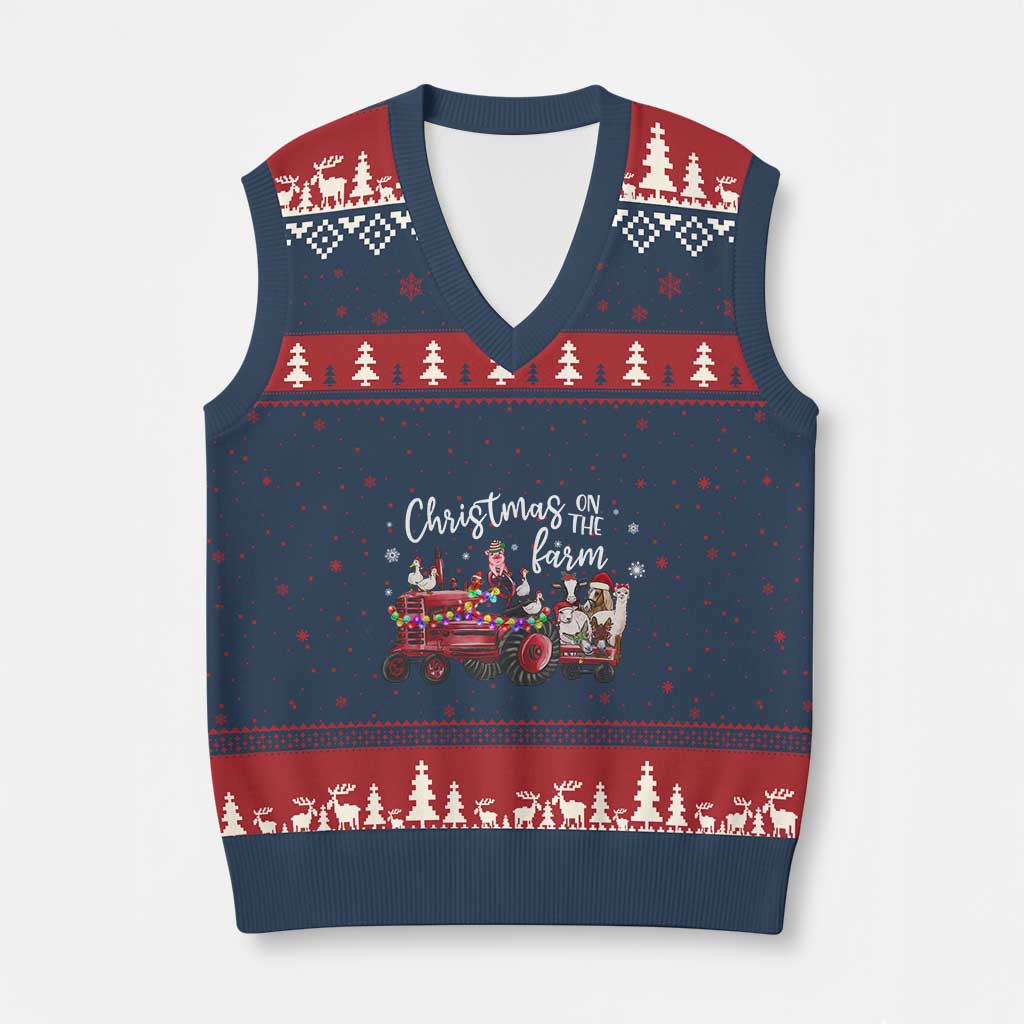 Funny Xmas On The Farm V-Neck Knit Sweater Vest Vintage Red Tractor Livestock TS11 Navy Red Print Your Wear