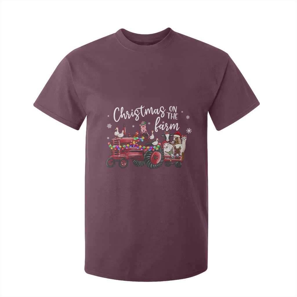 Funny Christmas On The Farm T Shirt For Kid Vintage Red Tractor Livestock TS11 Maroon Print Your Wear