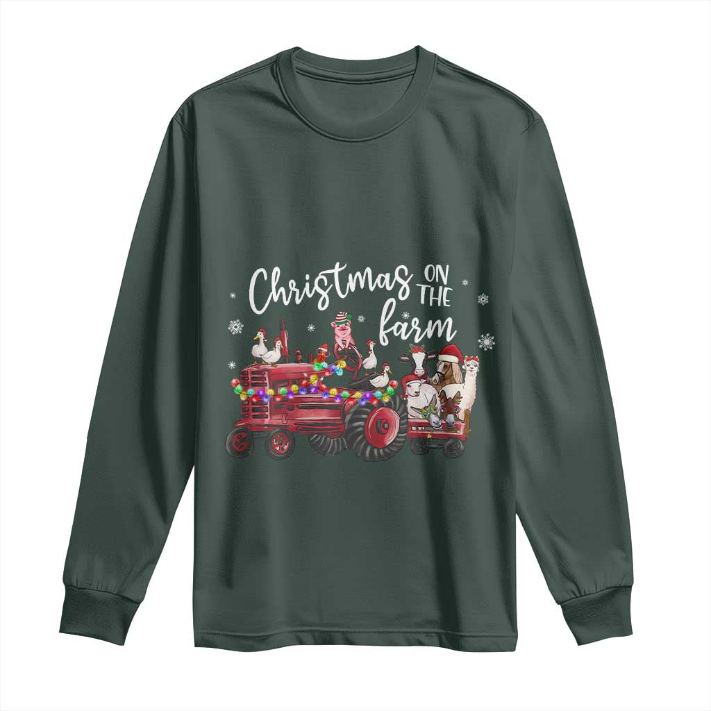 Funny Christmas On The Farm Long Sleeve Shirt Vintage Red Tractor Livestock TS11 Dark Forest Green Print Your Wear