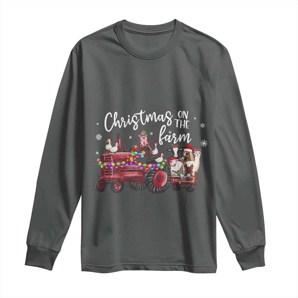 Funny Christmas On The Farm Long Sleeve Shirt Vintage Red Tractor Livestock TS11 Dark Heather Print Your Wear
