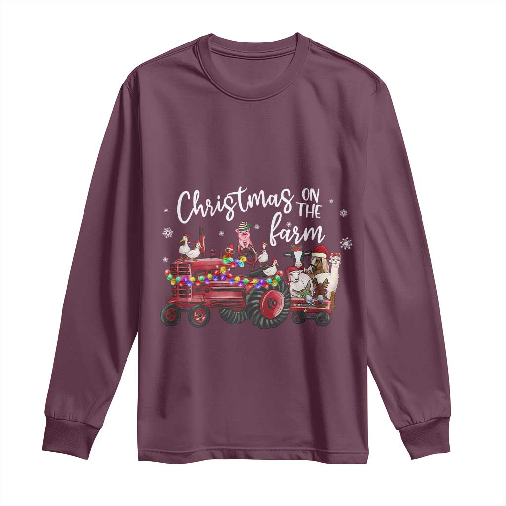 Funny Christmas On The Farm Long Sleeve Shirt Vintage Red Tractor Livestock TS11 Maroon Print Your Wear