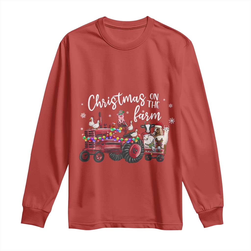 Funny Christmas On The Farm Long Sleeve Shirt Vintage Red Tractor Livestock TS11 Red Print Your Wear