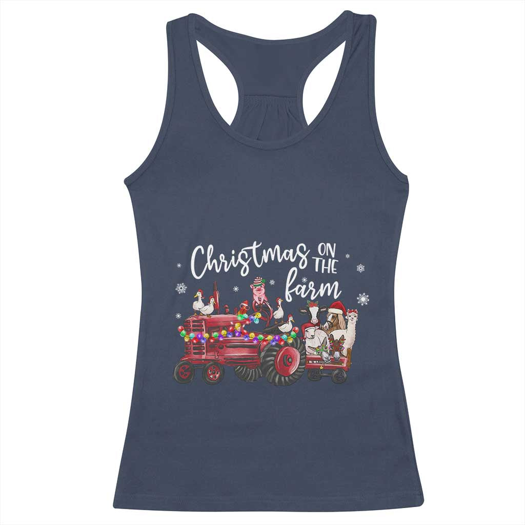 Funny Christmas On The Farm Racerback Tank Top Vintage Red Tractor Livestock TS11 Navy Print Your Wear