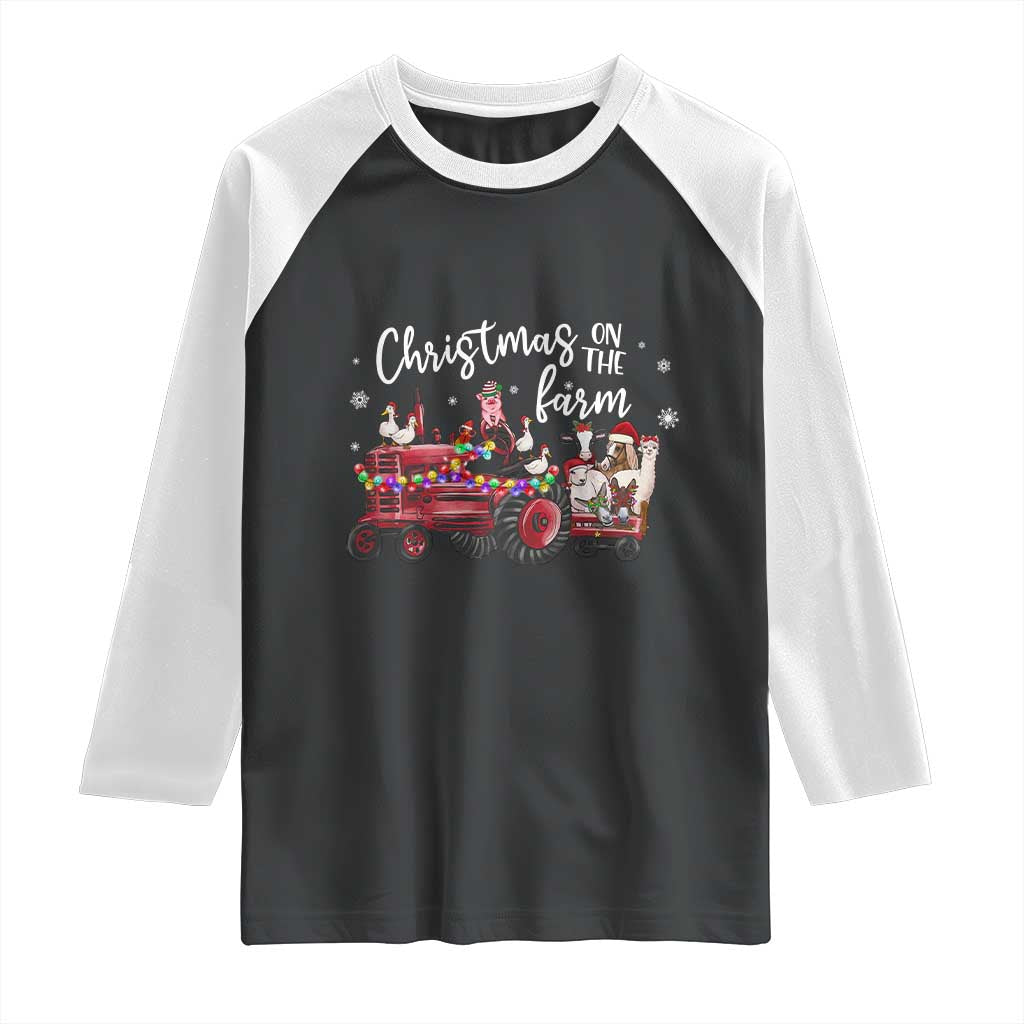 Funny Christmas On The Farm Raglan Shirt Vintage Red Tractor Livestock TS11 Black White Print Your Wear