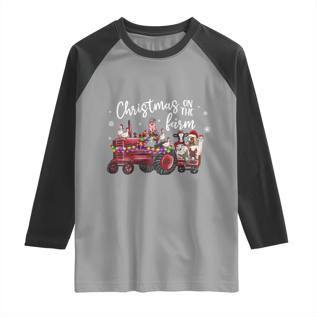 Funny Christmas On The Farm Raglan Shirt Vintage Red Tractor Livestock TS11 Sport Gray Black Print Your Wear