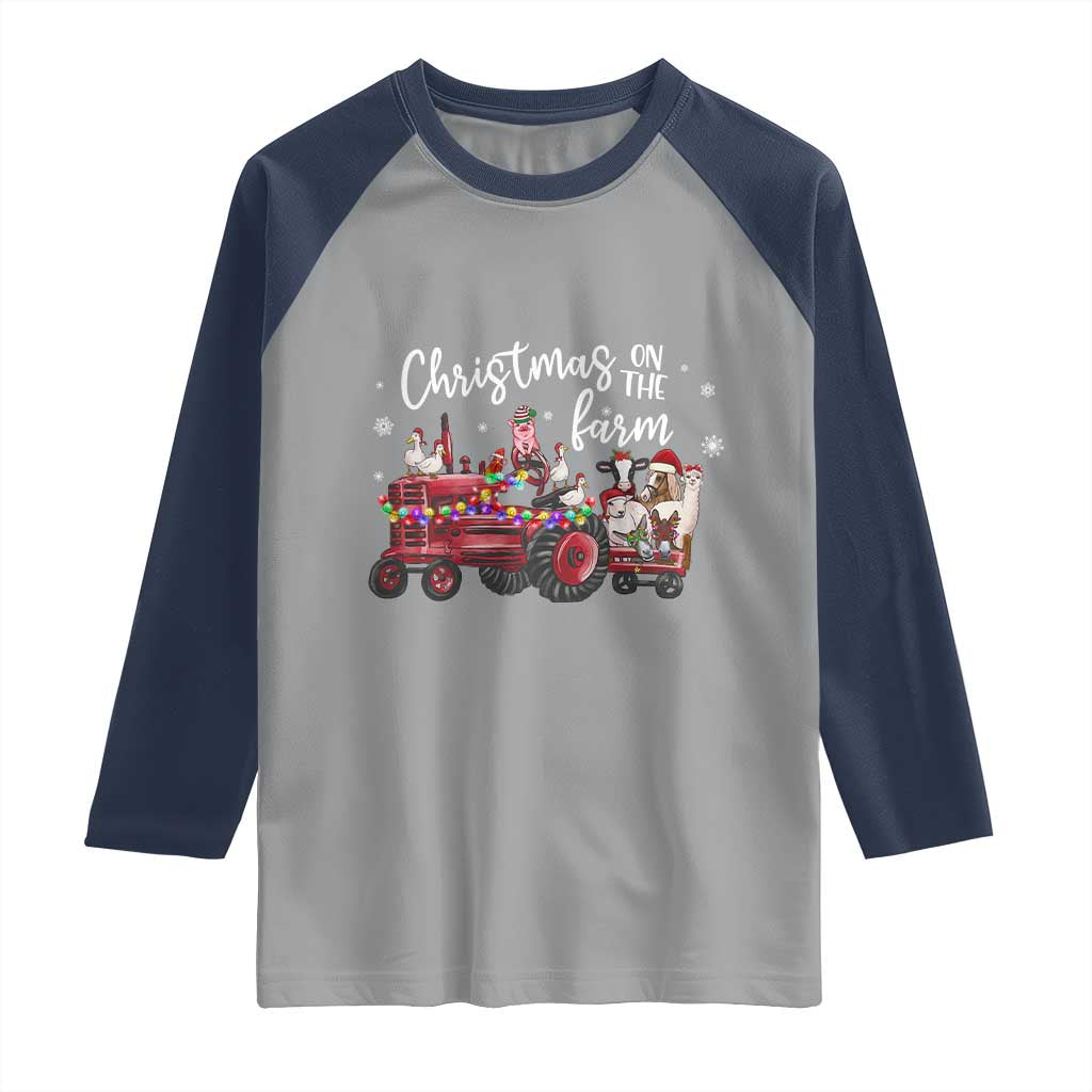 Funny Christmas On The Farm Raglan Shirt Vintage Red Tractor Livestock TS11 Sport Gray Navy Print Your Wear