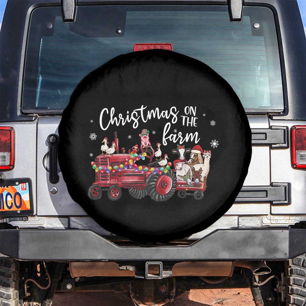 Funny Christmas On The Farm Spare Tire Cover Vintage Red Tractor Livestock TS11 No hole Black Print Your Wear