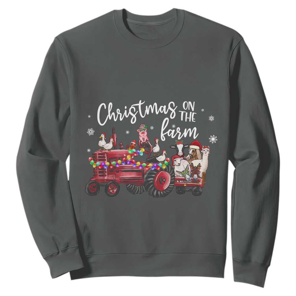 Funny Christmas On The Farm Sweatshirt Vintage Red Tractor Livestock TS11 Dark Heather Print Your Wear