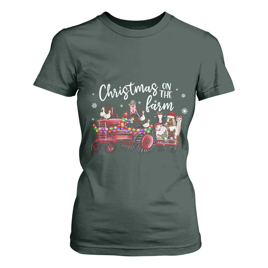 Funny Christmas On The Farm T Shirt For Women Vintage Red Tractor Livestock TS11 Dark Forest Green Print Your Wear