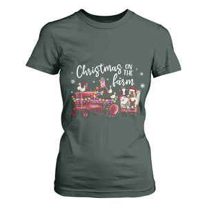 Funny Christmas On The Farm T Shirt For Women Vintage Red Tractor Livestock TS11 Dark Forest Green Print Your Wear