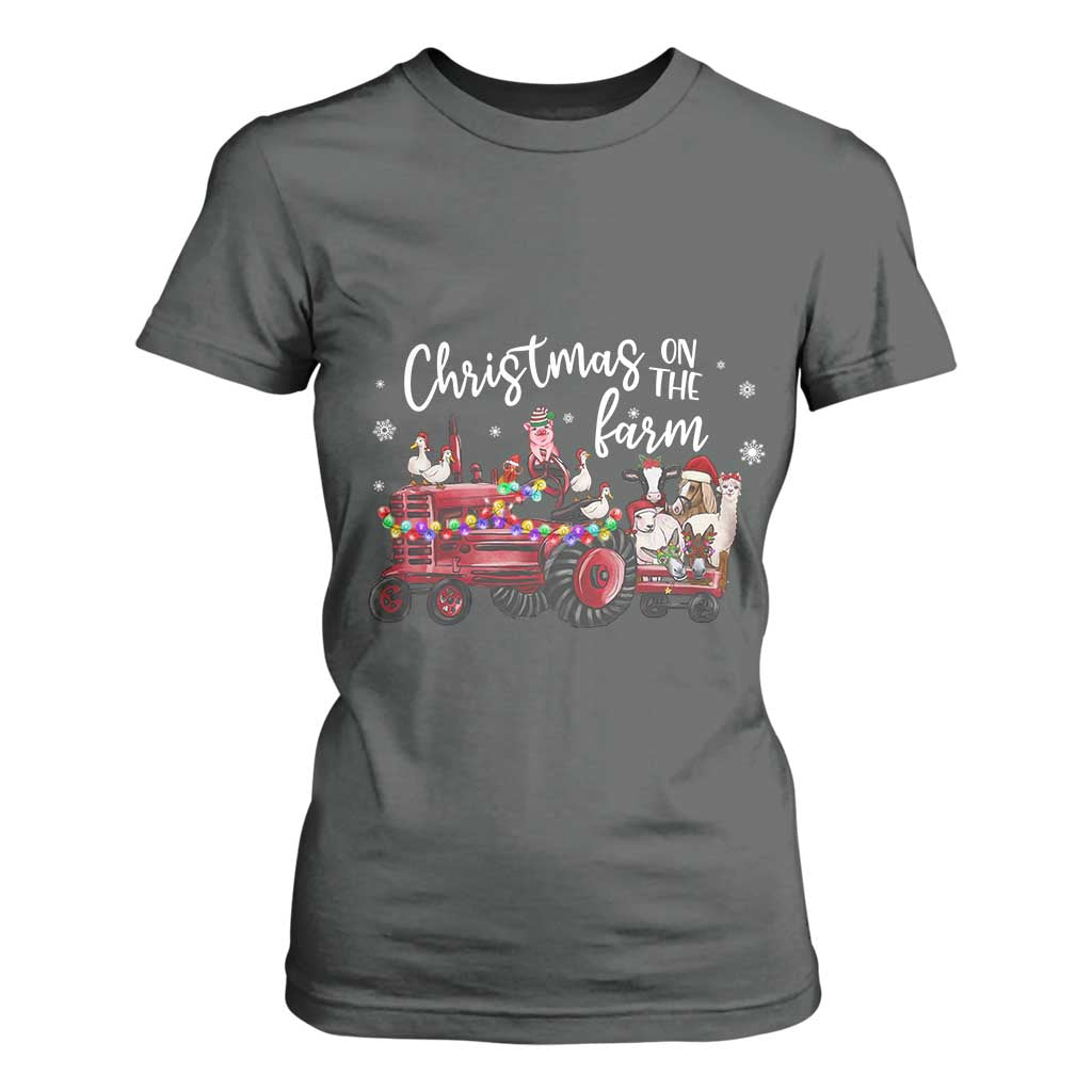 Funny Christmas On The Farm T Shirt For Women Vintage Red Tractor Livestock TS11 Dark Heather Print Your Wear
