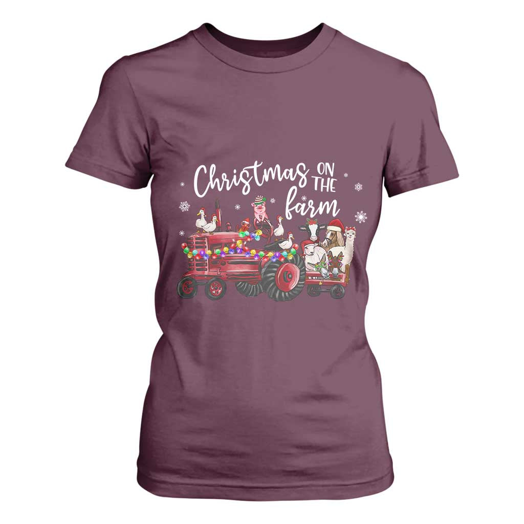 Funny Christmas On The Farm T Shirt For Women Vintage Red Tractor Livestock TS11 Maroon Print Your Wear