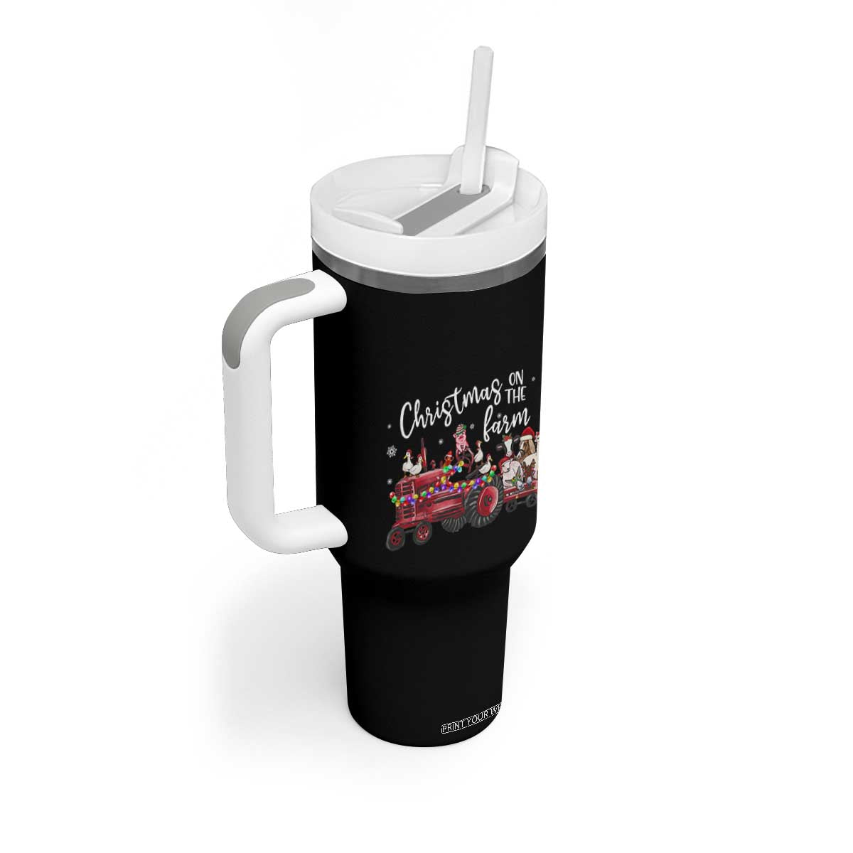 Funny Christmas On The Farm Tumbler With Handle Vintage Red Tractor Livestock TS11 Print Your Wear