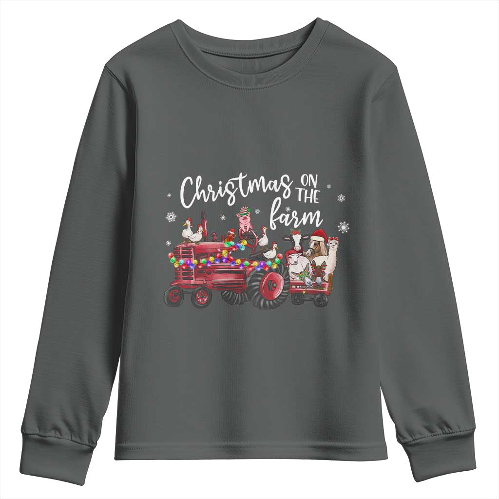 Funny Christmas On The Farm Youth Sweatshirt Vintage Red Tractor Livestock TS11 Dark Heather Print Your Wear