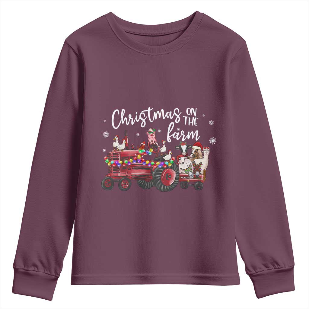 Funny Christmas On The Farm Youth Sweatshirt Vintage Red Tractor Livestock TS11 Maroon Print Your Wear