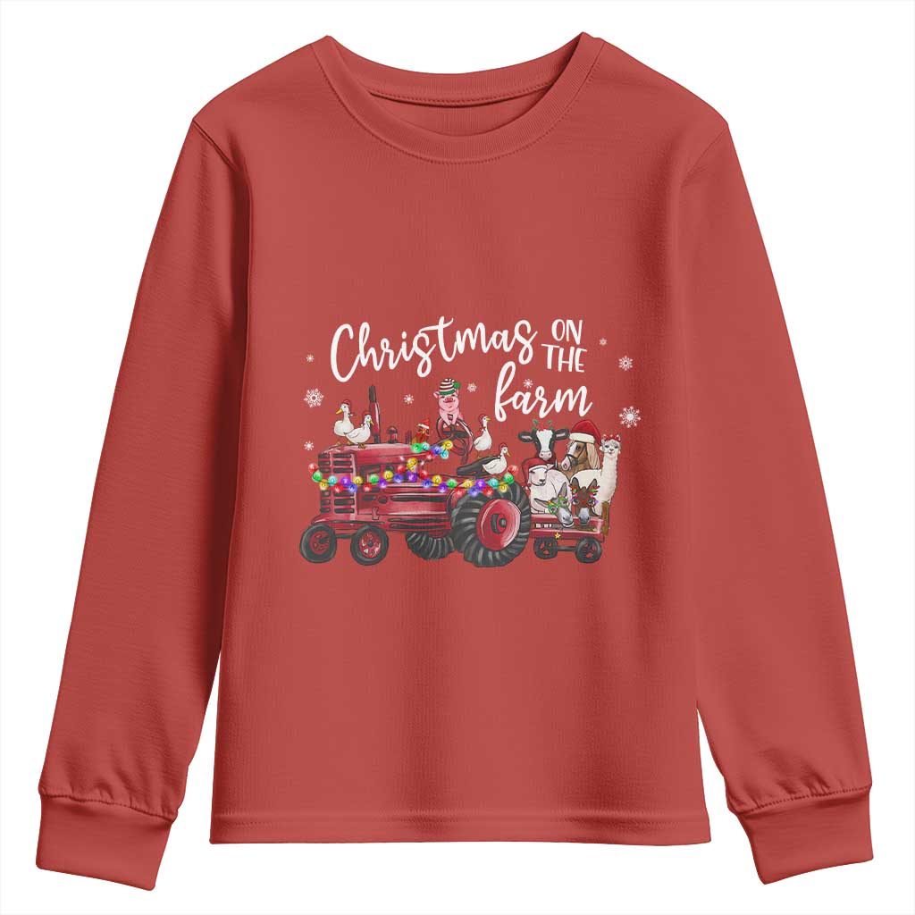 Funny Christmas On The Farm Youth Sweatshirt Vintage Red Tractor Livestock TS11 Red Print Your Wear