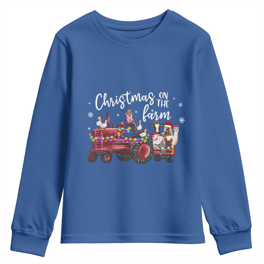 Funny Christmas On The Farm Youth Sweatshirt Vintage Red Tractor Livestock TS11 Royal Blue Print Your Wear
