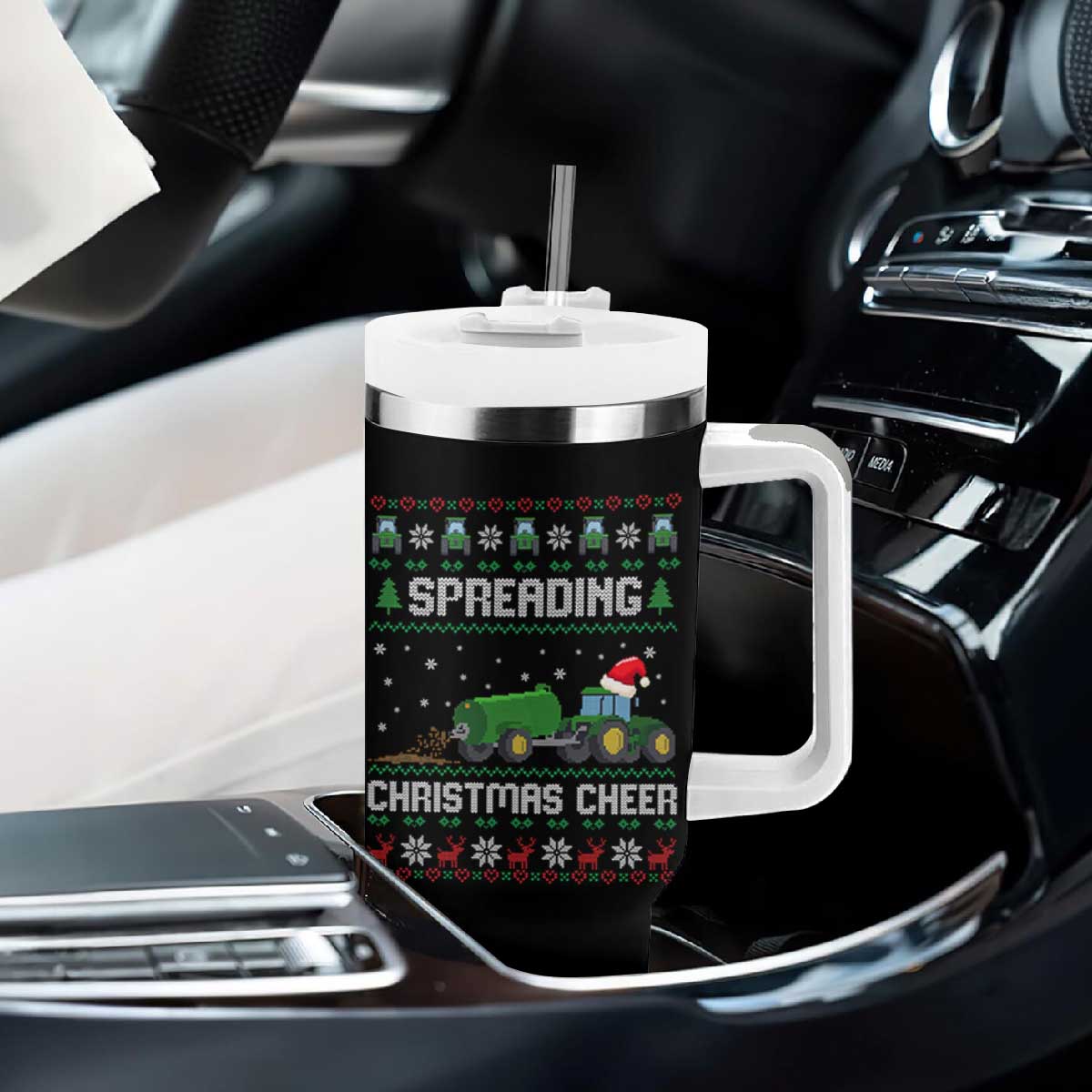 Spreading Christmas Cheer Tumbler With Handle Funny Farming Tractor Xmas TS11 Print Your Wear
